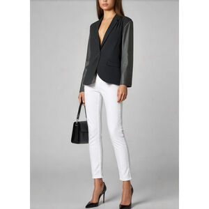 Chico's Women's Blazer Size 3 Black Faux Leather Sleeves Single Button Business